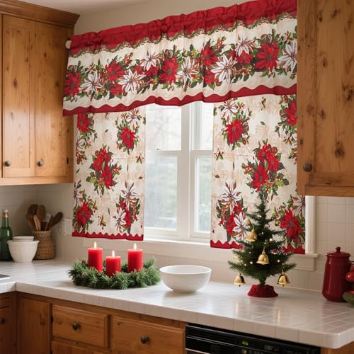 Red Christmas Flower Kitchen Curtains Set - Holiday Plaid & Snowflake Valances