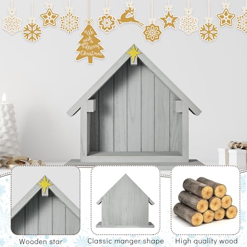 Gray Wooden Nativity Creche Scene - 13.5 x 12.5 Inch Christmas Stable Decor