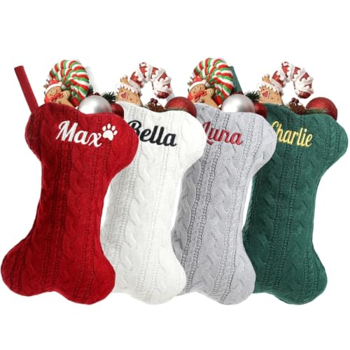 Personalized Dog Christmas Stocking - Custom Embroidered Knit Bone Stocking