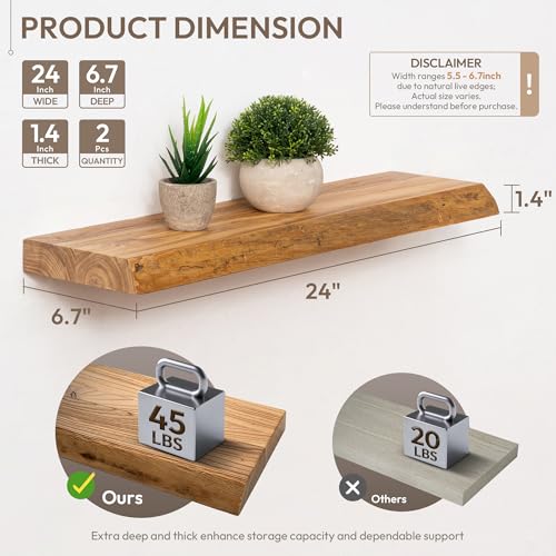 24-Inch Live Edge Floating Shelves - Rustic Reclaimed Elm Wall Shelves (2-Pack)