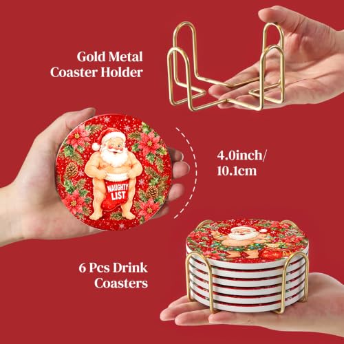 Dageusi Red Santa Coasters Set of 6 - Absorbent Ceramic? Actually Diatomite Stone Coasters with Holder – Naughty Santa Laugh Gift 4"