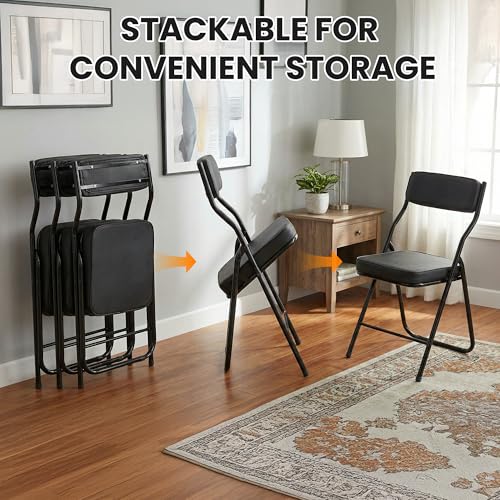 2 Pack Black Padded Folding Chairs, Heavy-Duty Metal Foldable Dining Chairs