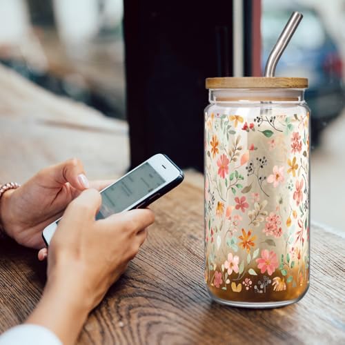 Enanaimg 16oz Floral Glass Coffee Cup with Bamboo Lid & Straw - Gift for Women