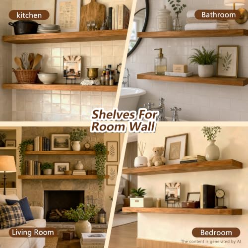 36-Inch Solid Walnut Floating Shelves, Rustic Wood Wall Shelves - Set of 2