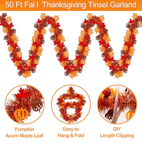 50ft Fall Tinsel Garland with Pumpkin, Acorn & Maple Leaves - Autumn Decor