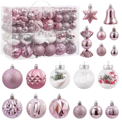 111 Pcs Pink & Clear Christmas Ornaments Set - Shatterproof Holiday Decor