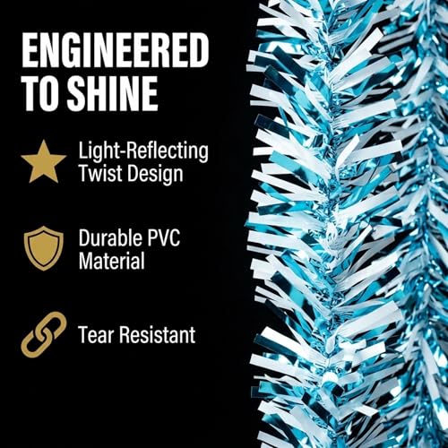 Light Blue & White Metallic Tinsel Twist Garland - 25ft Holiday Decor