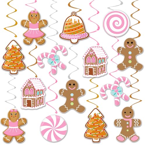 Pink Gingerbread Man Christmas Decorations - 20PCS Hanging Swirl Party Decor