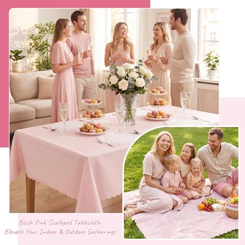 3 Pcs Light Pink Plastic Tablecloths, 54x108 Inch Scalloped Rectangle Covers