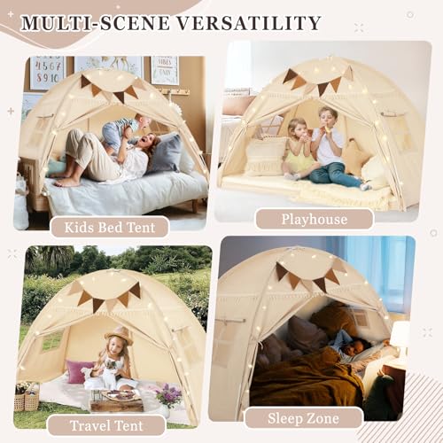 Twin Bed Tent Canopy for Kids with Flags & Star Lights - Portable Bedroom Privacy Tent