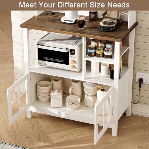 Farmhouse Bakers Rack with Power Outlets, Coffee Bar Cabinet & Hutch