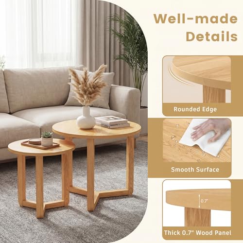 2-Piece Round Nesting Coffee Table Set, Solid Wood Tripod Side Tables