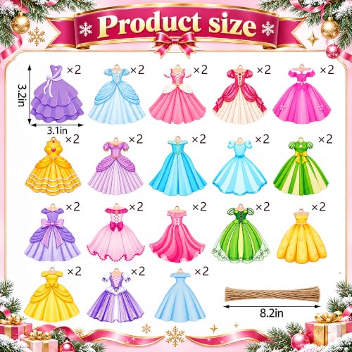 36 Pcs Princess Dress Christmas Tree Ornaments - Wooden Princess Ornaments Set