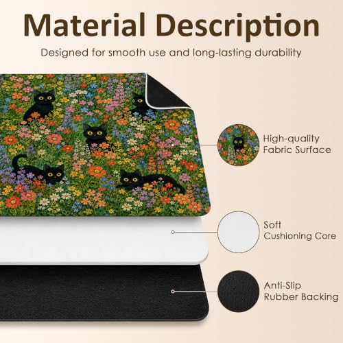 Floral Black Cat Mahjong Mat 31.5" x 31.5" - Non-Slip Noise-Reducing Cover