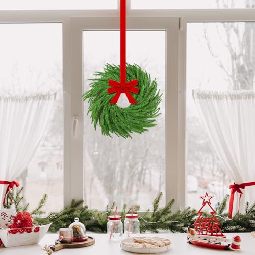 Set of 4 Mini Christmas Cabinet Wreaths, 15-Inch Norfolk Pine with Red Bows