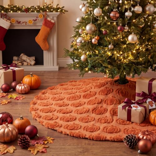 36-Inch Plush Faux Fur Fall Tree Skirt with 3D Pumpkins for Thanksgiving