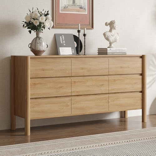 63-Inch 9-Drawer Oak Dresser, Mid-Century Modern Wood Bedroom Chest