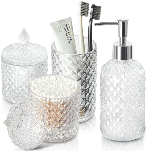 4-Piece Diamond Pattern Glass Bathroom Accessory Set - Counter Organizer