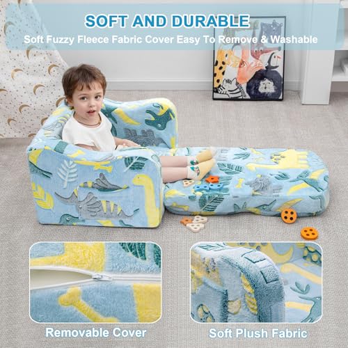 2-in-1 Foldable Kids Sofa Chair & Couch with Blanket - Green Dinosaur