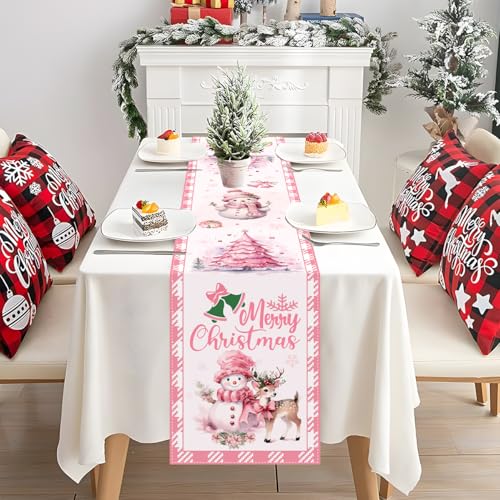 Pink Christmas Table Runner 72 Inch Snowman Holiday Decor for Festive Home