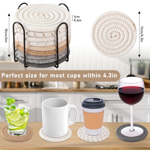 OIAHOMY 10 Pcs Boho Cotton Woven Drink Coasters with Metal Holder - Mixed Yellow, 4.3 Inch