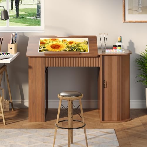 Adjustable Drafting Table with Storage, Drawing Desk with USB Charging Station