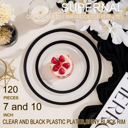 120PCS Clear & Black Rim Disposable Plastic Plates Set - Heavy Duty, Elegant Design for Events