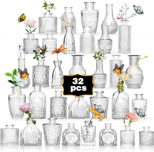 Clear Glass Bud Vase Set of 32 - Vintage Etched Table Centerpieces