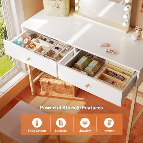 Modern 35.4-Inch Writing Desk with 2 Drawers and Padded Stool