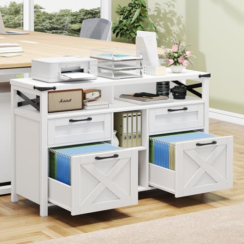 4-Drawer Farmhouse File Cabinet with Open Storage Shelf, White Office Organizer