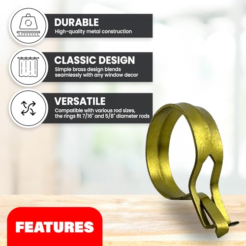 Metal Cafe Curtain Clip Rings, 3/4 Inch, 14 Pack, Brass Finish