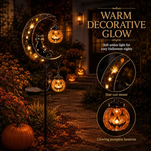 Solar Halloween Black Cat and Pumpkin Moon Garden Stake Light