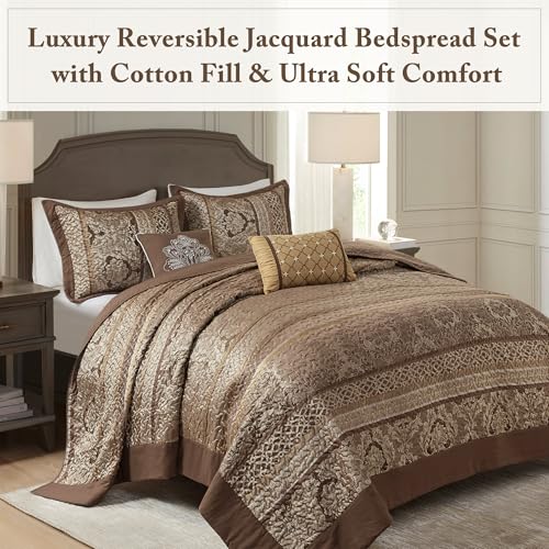 Madison Park King Bedspread Set - 5-Piece Brown Jacquard Damask Quilt