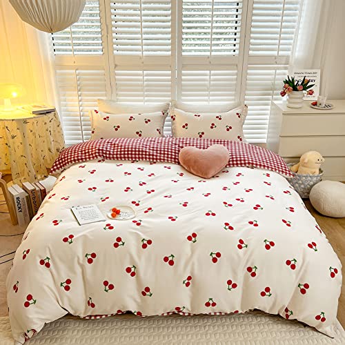 Cherry Print 100% Cotton Twin Duvet Cover Set - 3-Piece Bedding