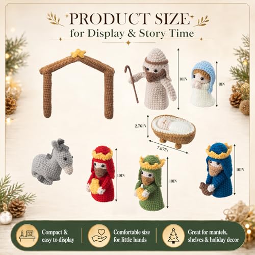 Qunclay 8-Piece Handmade Crochet Nativity Set for Christmas Decorations