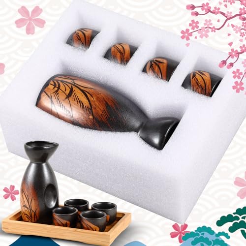 Skyley Japanese Ceramic Sake Set with Wooden & Grass Tray, 6 Pcs