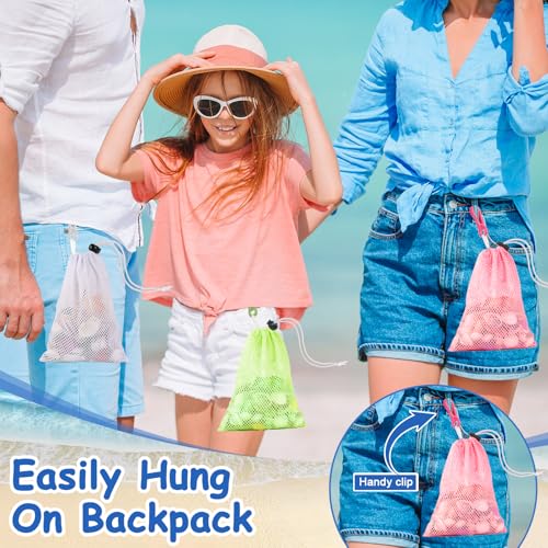 3 Pcs Mesh Beach Bags for Kids, Shell Collecting Net with Toggle Closure