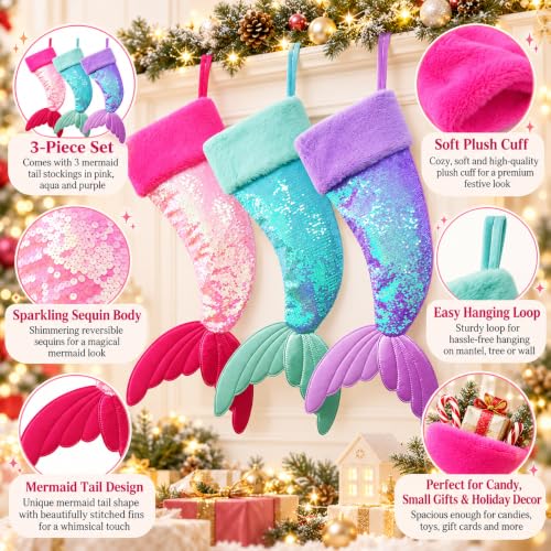 DearSun 3pcs Reversible Sequin Mermaid Tail Christmas Stockings - Pink, Blue, Purple, 25"