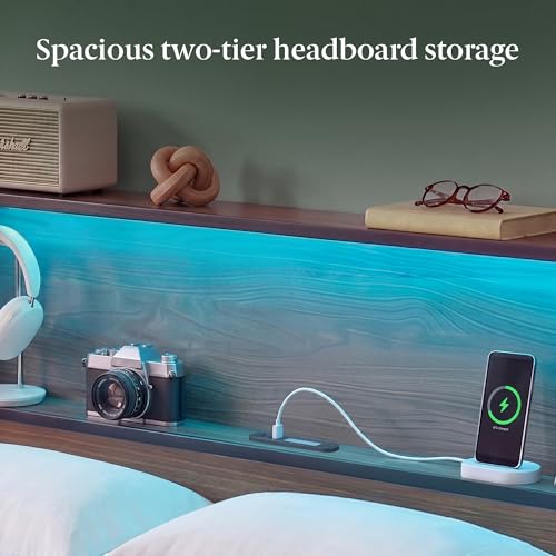 Queen Platform Bed Frame with LED Lights, Storage Headboard & USB Charging