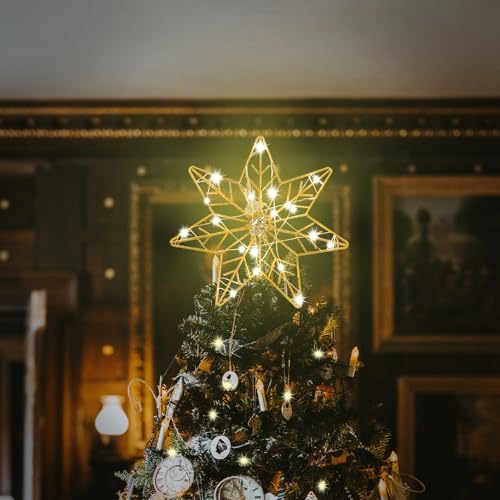 YEAHOME 7-Point Gold Star Christmas Tree Topper with 20 LEDs & Timer
