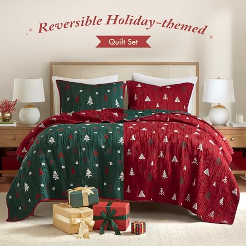 Madison Park Christmas Coverlet Set Queen 3pc Red & Green Holiday Bedding