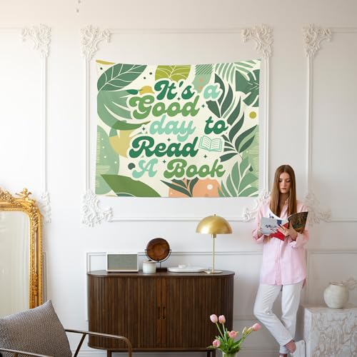 "It's A Good Day to Read A Book" Wall Tapestry - Boho Leaf Decor (50x60 In)