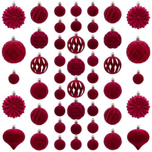 Yumatouch Velvet Burgundy 48Pcs Christmas Ball Ornaments - Flocked, Shatterproof Assorted 1.57/2.36/3.15Inch with Buckle & Rope