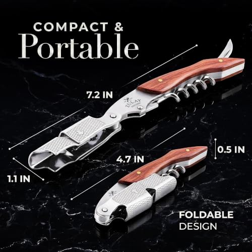 Rosewood Zulay Kitchen Corkscrew Wine Opener - Premium Stainless Steel & Double Hinge, Foil Cutter, Cap Remover - Medium