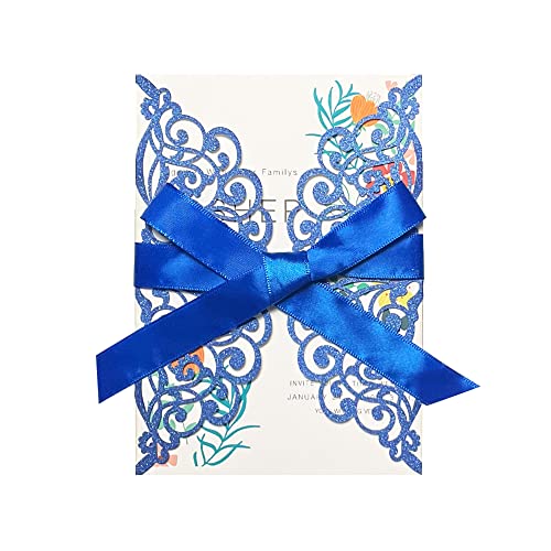 Fashmade Blue 50Pcs Laser Cut Wedding Invitations with Glitter Envelopes & Ribbons (Blank Inside) 5x7 in