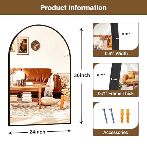 24x36 Arched Wall Mirror - Black Metal Frame Vanity Mirror for Bathroom
