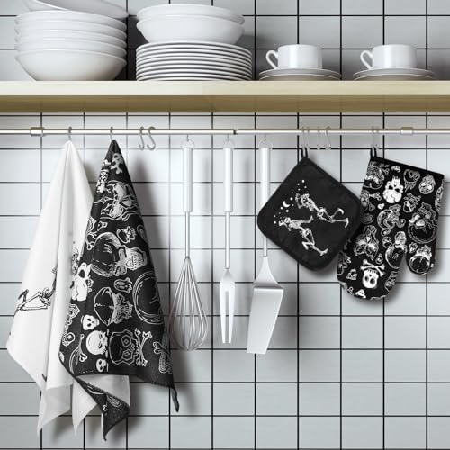 6-Piece Halloween Skeleton Kitchen Set: Oven Mitts, Pot Holders, Dish Towels