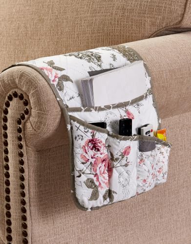 Quilted Pink Rose Toile Couch Armrest Organizer with Magazine Pocket