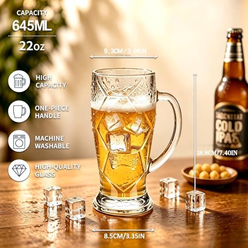 22oz Frosted Glass Beer Steins, 3D Hexagon Textured Mugs, Set of 2