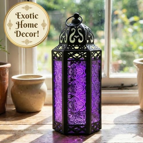 Moroccan Gothic Candle Holder Lantern - Purple Iron, 10.5" Tall